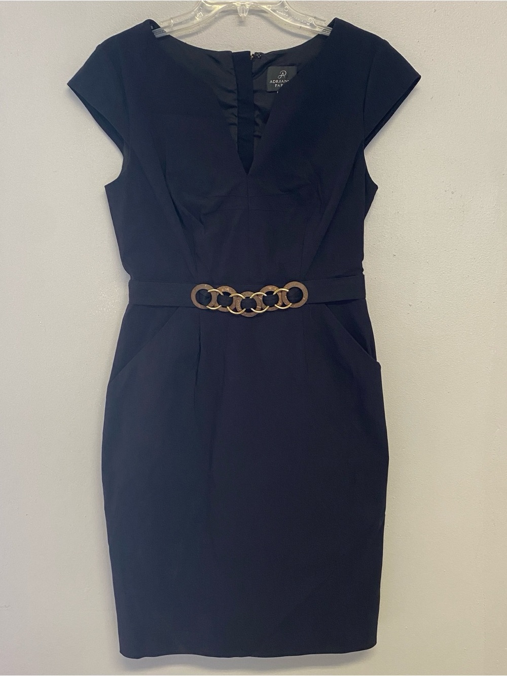 Adrianna Papell Black Midi Sheath Dress with Gold Chain Belt